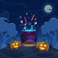 heks magische pot op heuvelbos. cartoon halloween illustratie met pompoenen van banner. volle maan nachtelijke hemel met vliegende vleermuizen. vector
