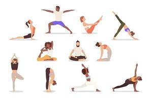 set poses vrouw en man yoga. verzameling van multiculturele mensen die yoga doen geïsoleerd op een witte achtergrond. vectorillustratie, eps 10 vector