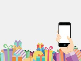 online mobiel winkel bedrijf sjabloon achtergrond met geschenk doos footer vector
