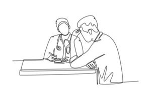 doorlopend een lijn tekening jong dokter pratend met gefrustreerd Mens geduldig in ziekenhuis. depressief arbeider controleren omhoog zijn staat met psychiater. single lijn trek ontwerp vector grafisch illustratie
