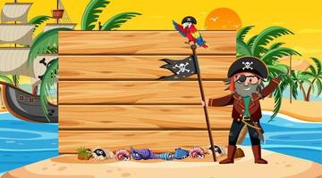 lege bannersjabloon met piraatman bij de strandzonsondergang vector