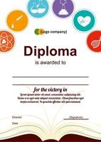 diploma met boek en iconen van wetenschap, geneeskunde, genetica, farmacie vector