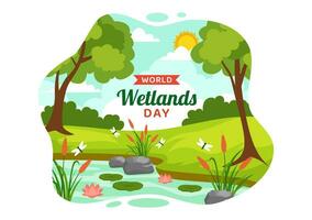 wereld wetlands dag vector illustratie Aan 2 februari met ooievaar dieren en tuin achtergrond in vakantie viering vlak tekenfilm ontwerp
