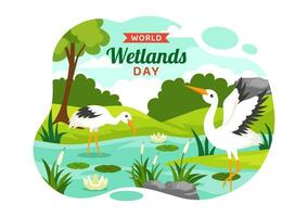 wereld wetlands dag vector illustratie Aan 2 februari met ooievaar dieren en tuin achtergrond in vakantie viering vlak tekenfilm ontwerp