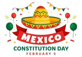 dia de la constitucion vector illustratie. vertaling gelukkig grondwet dag van Mexico Aan februari 5 met Mexicaans hoed en golvend vlag achtergrond