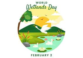 wereld wetlands dag vector illustratie Aan 2 februari met ooievaar dieren en tuin achtergrond in vakantie viering vlak tekenfilm ontwerp