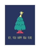 gelukkig nieuw jaar groet kaart, poster of afdrukken. grappig Kerstmis boom in vlak retro stijl met geel ster. Gefeliciteerd Aan de vakantie. vector