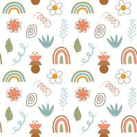 boho naadloos patroon. schattig bloemen, regenbogen en abstract vormen achtergrond. vector