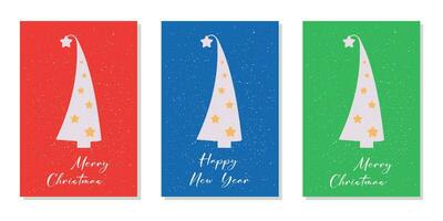 drie helder gekleurde vrolijk Kerstmis en gelukkig nieuw jaar kaarten. vector
