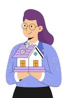 vrouw Holding een huis model- in haar handen, vlak vector illustratie.