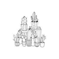 creatief kleur boek met verschillend soorten van cactussen geïsoleerd Aan wit achtergrond voor kinderen en volwassenen. anti spanning kunst. vector schets illustratie. elegant ornamenten, meditatie, ontspanning.