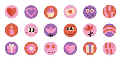 Valentijn dag ronde stickers, web toetsen, decoratief elementen voor ontwerp met liefde symbolen, harten, karakter gezichten, geschenken, kaars, taart en bloemen. vector illustratie.