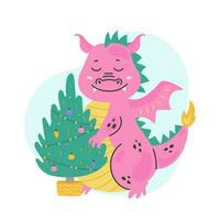 fantasie schattig draak met Kerstmis boom. vrolijk Kerstmis en nieuw jaar kaart. baby dinosaurus voor kinderen. vector schattig libel dino karakter, tekenfilm illustratie