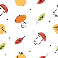 gemakkelijk naadloos patroon met Woud elementen, champignons en bladeren. schattig achtergrond ontwerp voor herfst decor, verpakking, textiel, kleding stof, omhulsel papier. hand- getrokken vector illustratie