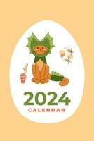 kalender2024 omslag. schattig en grappig kat in een draak kostuum met een kop van koffie. tekenfilm vector illustratie.