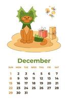 december 2024. kalender vel met een schattig kat in een draak kostuum met dozen van geschenken. tekenfilm vector illustratie.