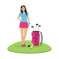 golf spelen. jong golfspeler poses voor een foto. met golf Clubs Aan groen gras. vector