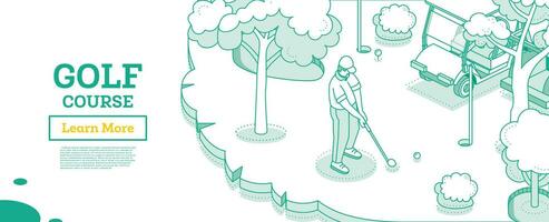 golf Cursus. isometrische concept met land sport- club. golfspeler en golf kar Aan Speel veld- met gaten, vlaggenstokken en zand vallen. golf toernooi. schets bomen. vector