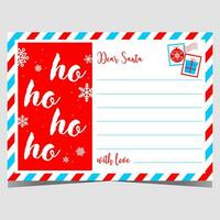 Kerstmis brief, wens lijst of ansichtkaart voor de kerstman claus in klassiek luchtpost envelop stijl en belettering ho-ho-ho Aan rood achtergrond. leeg sjabloon naar vullen uit met een tekst en sturen het naar de kerstman. vector