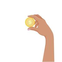 hand- Holding goud munt. concept van financieel operatie met geld, investering concept. vlak vector illustratie geïsoleerd Aan wit achtergrond.