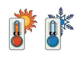 grappig groovy retro clip art meteorologisch thermometers met zon en sneeuwvlok vector