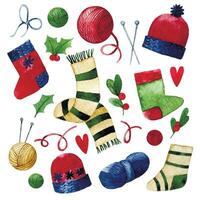 schattig reeks van Kerstmis breiwerk en handwerk elementen in wijnoogst stijl. waterverf tekening knus kerstmis, winter. sokken, hoed, sjaal, bal van garen en breiwerk naalden vector