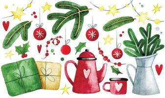 schattig reeks van Kerstmis elementen in wijnoogst stijl. waterverf tekening knus kerstmis, winter. geschenken, slingers, Kerstmis boom takken en decoraties vector
