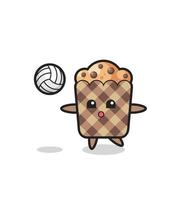 karakter cartoon van muffin speelt volleybal vector