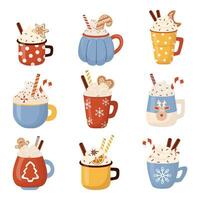 reeks van Kerstmis winter heet drankjes illustratie in vlak stijl. koffie, cacao thee met room, kaneel, marshmallows, snoep riet, peperkoek koekjes. vector