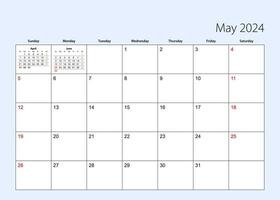 muur kalender ontwerper voor mei 2024. Engels taal, week begint van zondag. vector
