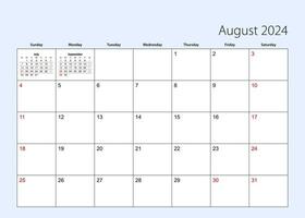 muur kalender ontwerper voor augustus 2024. Engels taal, week begint van zondag. vector