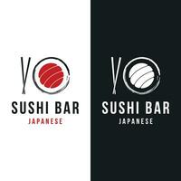 Japans voedsel sushi logo ontwerp met gekruiste eetstokjes. logo voor restaurant, bedrijf, bar. vector