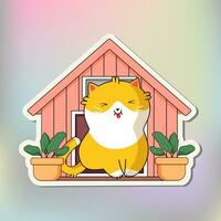 grappig kat sticker. schattig kawaii kat in huis. tekenfilm kat sticker ontwerp. aanbiddelijk kawaii dier. vector