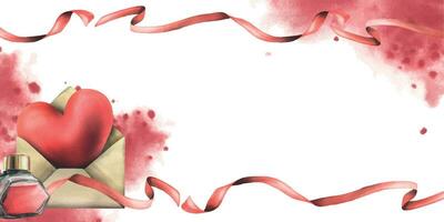 voor Valentijn s dag, een sjabloon met een hart in envelop met inkt en lintje. hand- getrokken waterverf illustratie. kader, bord Aan een wit achtergrond vector