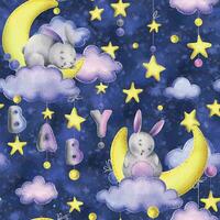 een schattig grijs gestikt konijn leugens en slaapt Aan een geel maan met wolken, sterren, de brieven baby hangende Aan touwen met bogen. waterverf illustratie, hand- getrokken. naadloos patroon Aan een blauw achtergrond vector