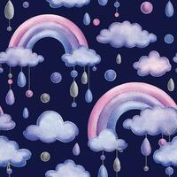een gestikt regenboog met wolken en regendruppels hangende van touwen in blauw, Purper en roze. kinderachtig schattig hand- getrokken waterverf illustratie. naadloos patroon Aan een donker blauw achtergrond. vector