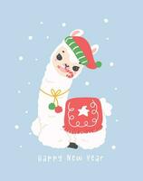 schattig Kerstmis lama groet kaart in winter thema, kawaii tekenfilm hand- tekening illustratie vector