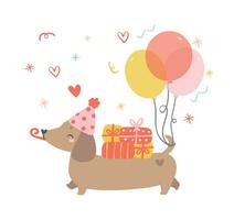 schattig verjaardag teckel hond vervelend partij hoed en hebben geschenk dozen, vieren feest. kawaii groet kaart tekenfilm hand- tekening vlak ontwerp grafisch illustratie. vector