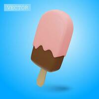 3d geven van chocola ijslolly met roze suikerglazuur en besprenkelen. snel voedsel, zoet, zomer nagerecht. helder illustratie in tekenfilm, plastic, klei 3d stijl. geïsoleerd Aan een wit achtergrond. vector