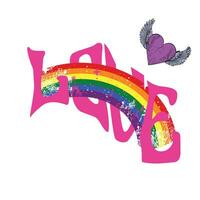 woord liefde in hippie stijl met een regenboog en een klein gevleugeld hart. mooi zo illustratie voor homo trots. vector