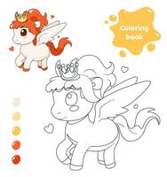 kleur boek voor kinderen. werkblad voor tekening met tekenfilm pony met kroon. schattig dier met Vleugels. kleur bladzijde met kleur palet voor kinderen. vector illustratie.