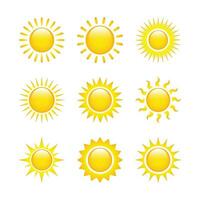 zon icoon set. geel zon ster pictogrammen verzameling. zomer, zonlicht, natuur, lucht. vector illustratie