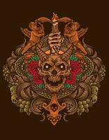 illustratie hand- getrokken. demon schedel kaars met roos bloem - wijnoogst gravure ornament vector