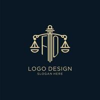 eerste voor logo met schild en balans van gerechtigheid, luxe en modern wet firma logo ontwerp vector