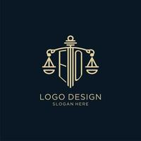 eerste eo logo met schild en balans van gerechtigheid, luxe en modern wet firma logo ontwerp vector