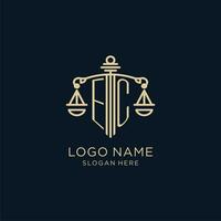 eerste ec logo met schild en balans van gerechtigheid, luxe en modern wet firma logo ontwerp vector