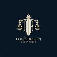 eerste ob logo met schild en balans van gerechtigheid, luxe en modern wet firma logo ontwerp vector