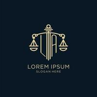 eerste la logo met schild en balans van gerechtigheid, luxe en modern wet firma logo ontwerp vector