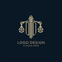 eerste Doen logo met schild en balans van gerechtigheid, luxe en modern wet firma logo ontwerp vector