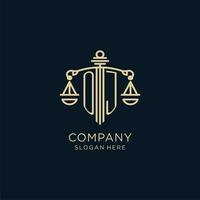 eerste oj logo met schild en balans van gerechtigheid, luxe en modern wet firma logo ontwerp vector
